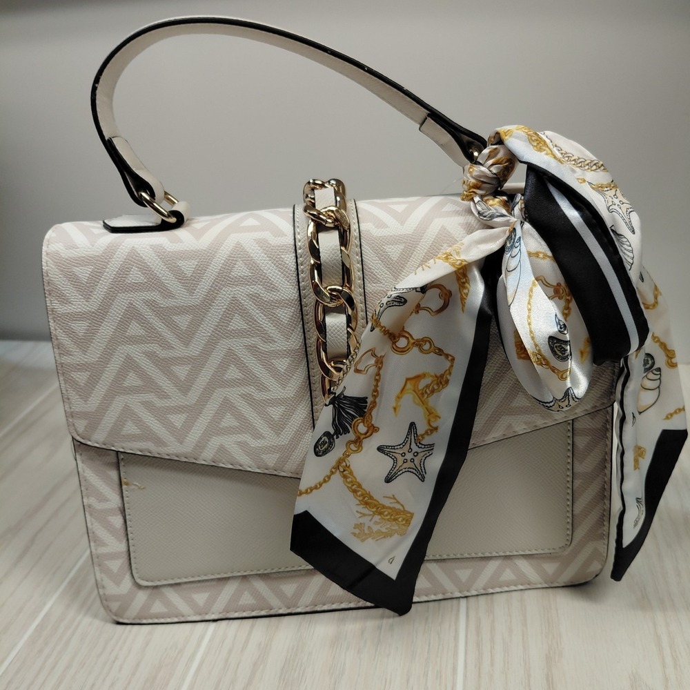Aldo Handbag Satchel Cream AOP Logo Scarf Adjustable Crossbody Strap NEW *READ‎